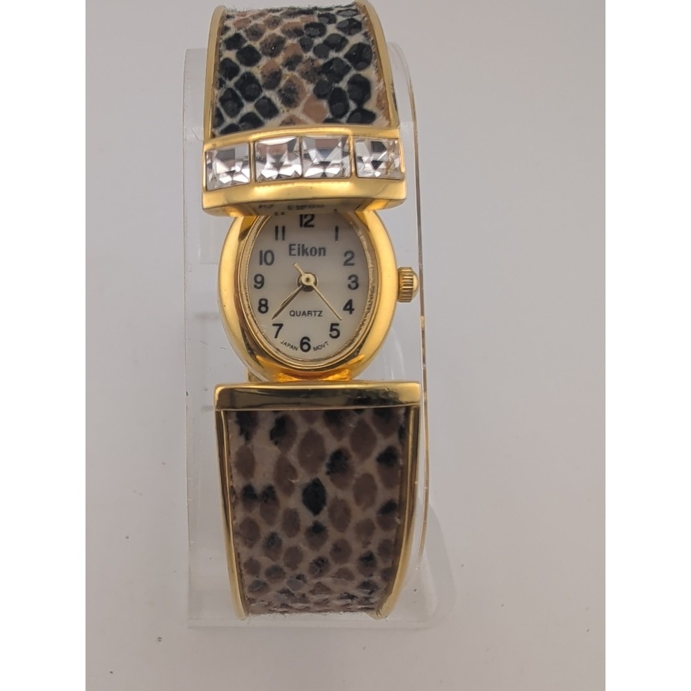 Eikon Women Watch 17mm Hidden Dial Gold Case Snakeskin Cuff 6.5" Band- Working